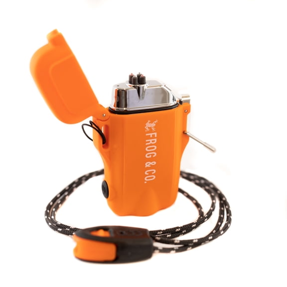 Tough Tesla Lighter 2.0 – Waterproof Windproof Flameless Top-Facing Dual Arc Plasma USB Rechargeable Electric w/Built-in Flashlight, Camping, Hiking, Survival Fire Starter by Frog & Co. (Orange)