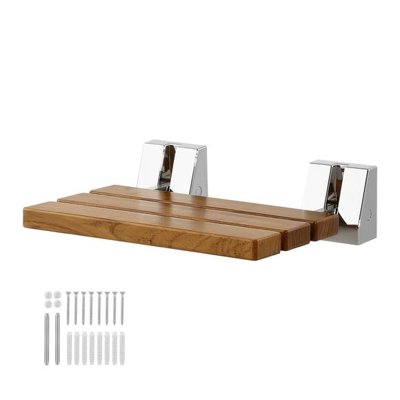 KFFKFF Foldable Shower Seat Wall Mounted, 15.7" Teak Folding Shower Bench, 330LBS Fold-Down Bathroom Corridor Seat with Stainless Steel Frame