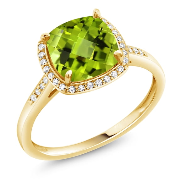 Gem Stone King 10K Yellow Gold Green Peridot and White Diamond Women's Engagement Ring (2.75 Cttw, Cushion Checkerboard 8MM, Available in Size 5, 6, 7, 8, 9)