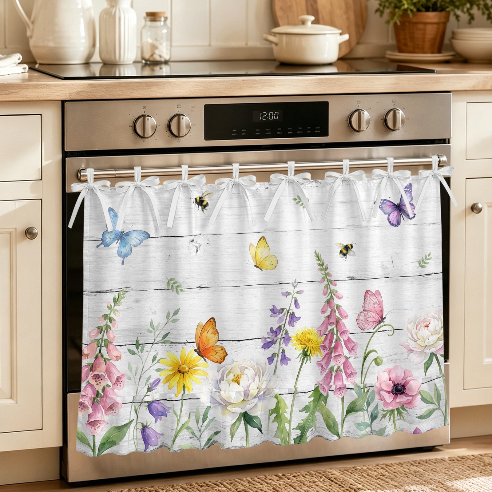 Pink Spring Floral Oven Skirt for Farmhouse Kitchen D&eacute;cor Wooden Farmhouse Art Aesthetics Oven Curtain Tie Top Decorative Stove Skirt Cabinet Dish Washer Curtains with 8 Ribbon Ties 30 x21.5