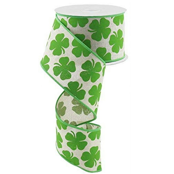 Shamrock Canvas Wired Edge Ribbon - 10 Yards (Light Natural, Kelly Green, 2.5")