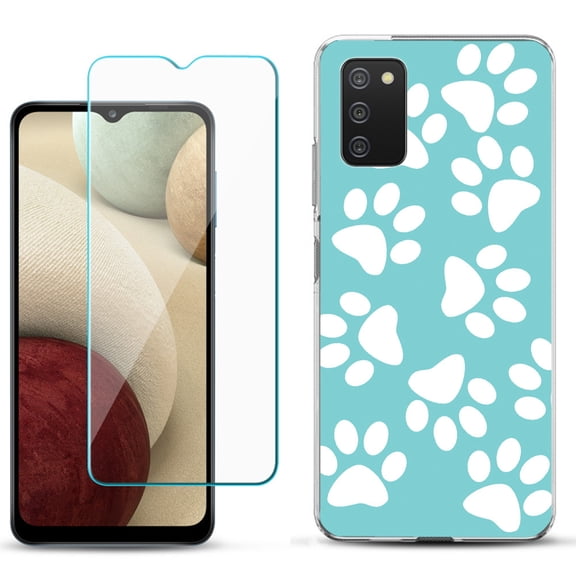 Slim-Fit TPU Phone Case Compatible with Samsung Galaxy A02s, with Tempered Glass Screen Protector, by OneToughShield ® - Pet Paw / Teal