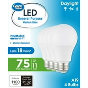 Great Value 18YR A19 LED Bulb, 11 W, 75 W Equivalent, E26 Medium Base, Dimmable, Daylight, 4-Pack