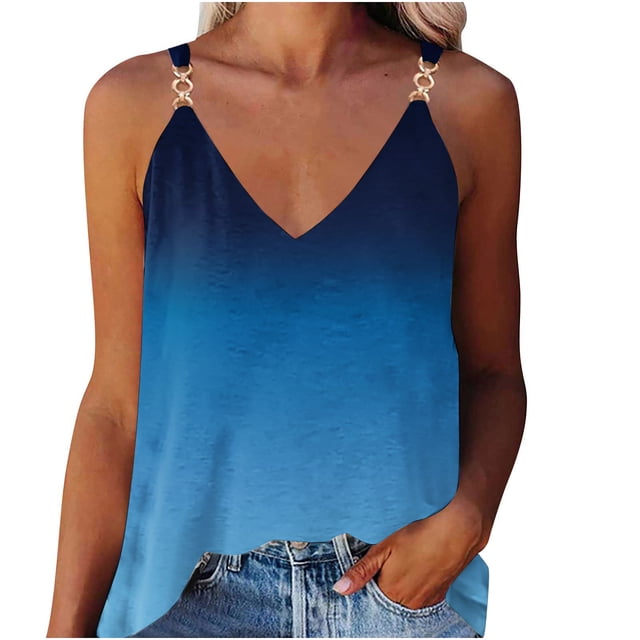 Yuyuzo Women's V Neck Tank Tops Summer Sleeveless Shirts Chain Strap Blouses Gradient Color Tunic Tops