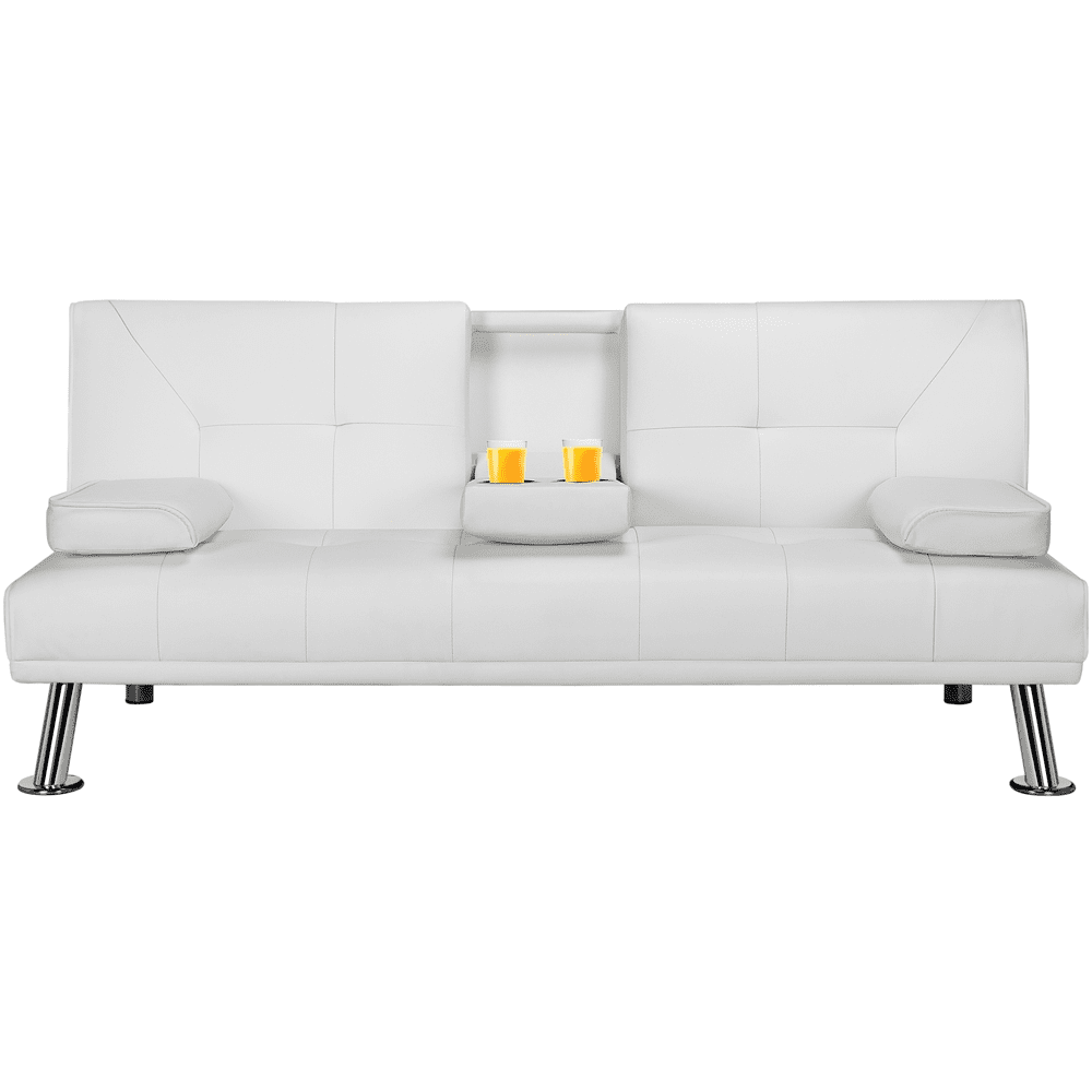 Renwick LuxuryGoods Modern Faux Leather Futon with Cupholders and Pillows, White  (图2)