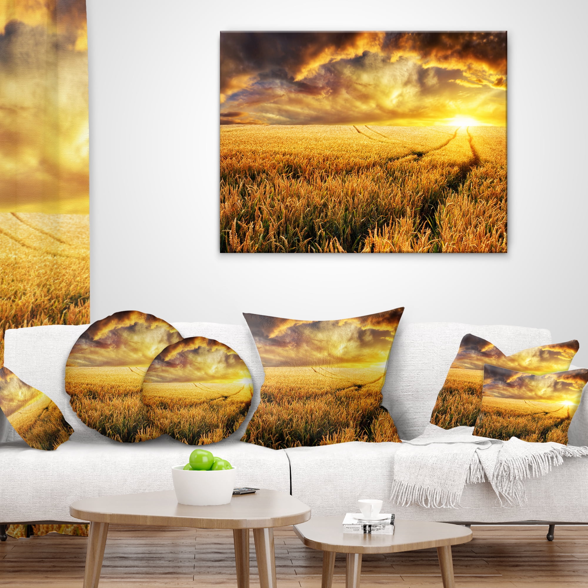 Designart Amazing Sunset over Yellow Field - Landscape Printed Throw Pillow - 16x16