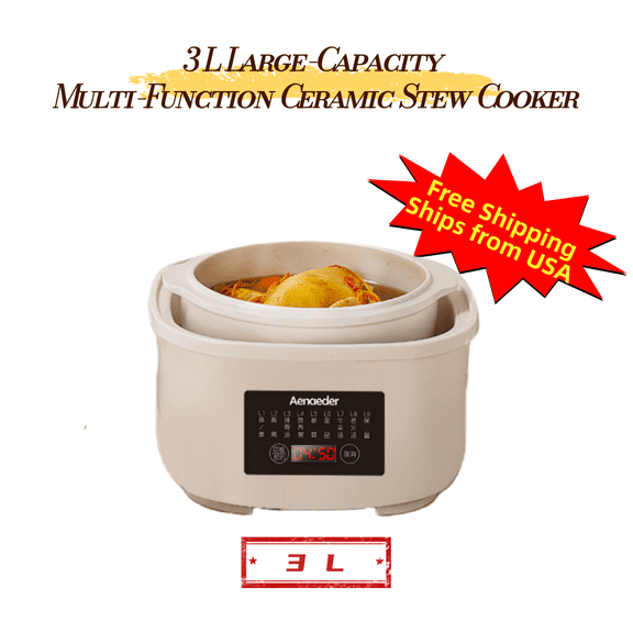 3L Electric Double Boiler & Slow Cooker, 600W Ceramic Stew Pot with 9 Menu Options, 24H Delay Start & Keep Warm, Cream White, Aenaeder