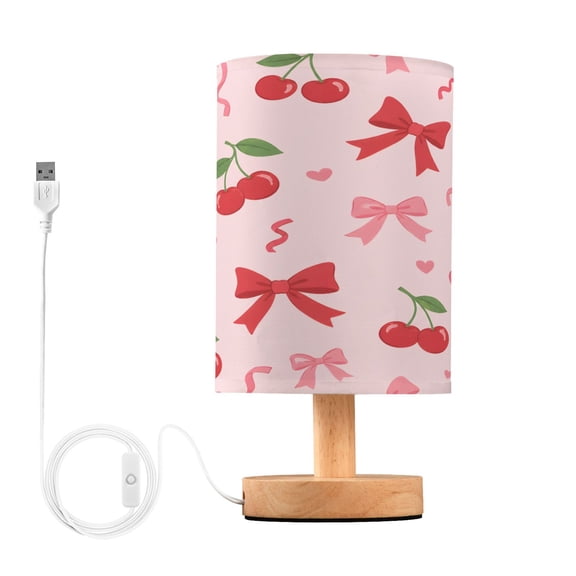 Cherry Bow Table Lamp, Fully Dimmable Nightstand Lamp with USB and Linen Fabric Shade, Modern Gifts for Bedroom, Living Room, Office
