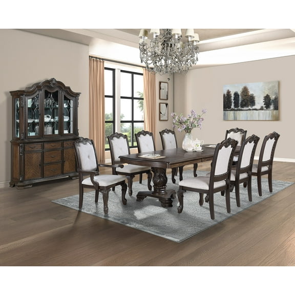 9pc Traditional Carved Dining Set Table Coffee Brown Finish Upholstery Chairs