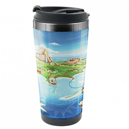 

Island Map Travel Mug Pirate Island Skull Steel Thermal Cup 16 oz by Ambesonne