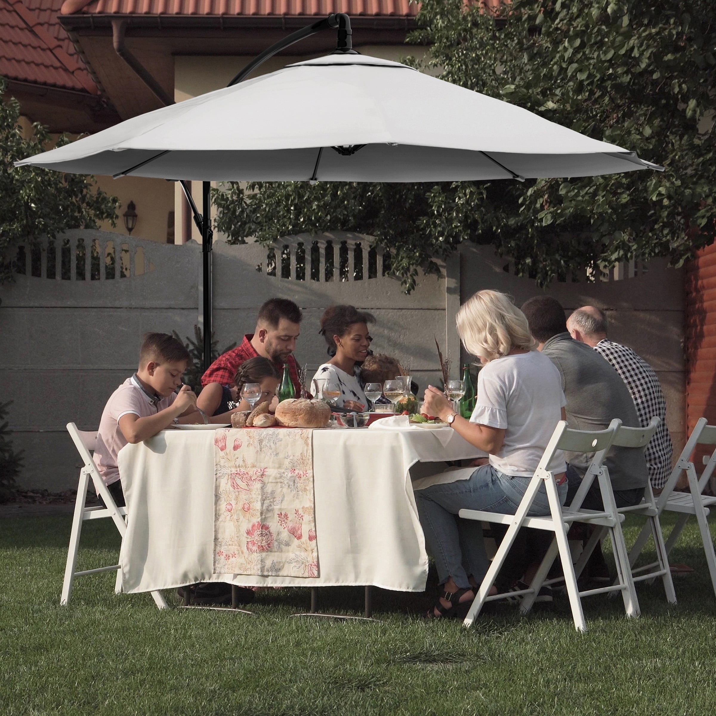 Pure Garden 10-Foot Offset Patio Umbrella with Crank and Base (Cream)