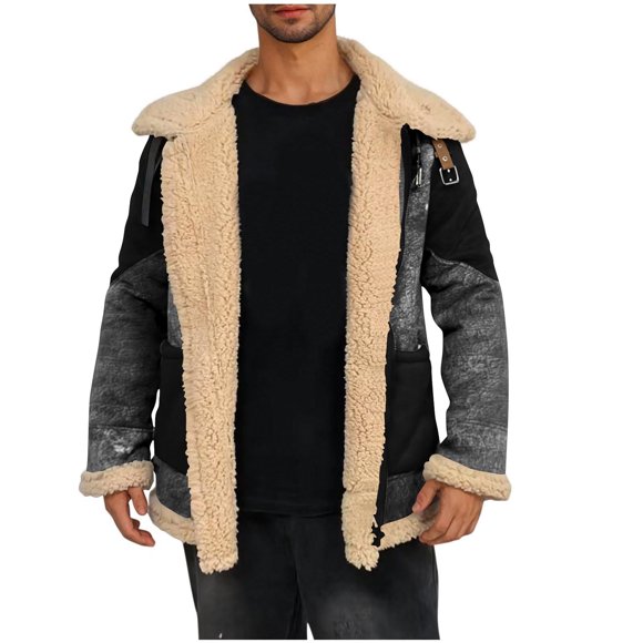 hoksml Men's Big Tall Faux Leather Shearling Zip-Up Trucker Jacket Winter Patchwork Lapel Collar Long Sleeve Casual Coat S-5XL