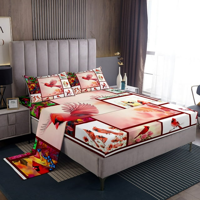 Erosebridal Red Hummingbird Sheet Set Queen, Folwer Bedding Sets Queen Size, Patchwork Decor 4-Piece