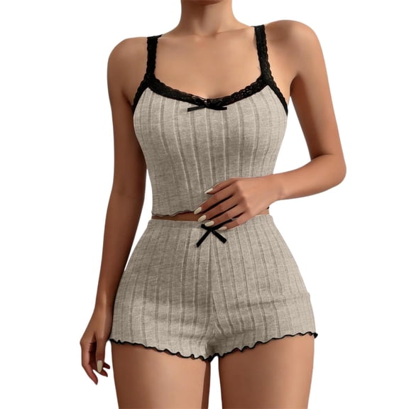 Bibifish Womens Pajama Sets Valentine'S Day Knit Breathable Sleeveless Strap Sleepwear Sets Cute Bow Design Slim Fit Cami With Shorts 2 Piece Pj Sets