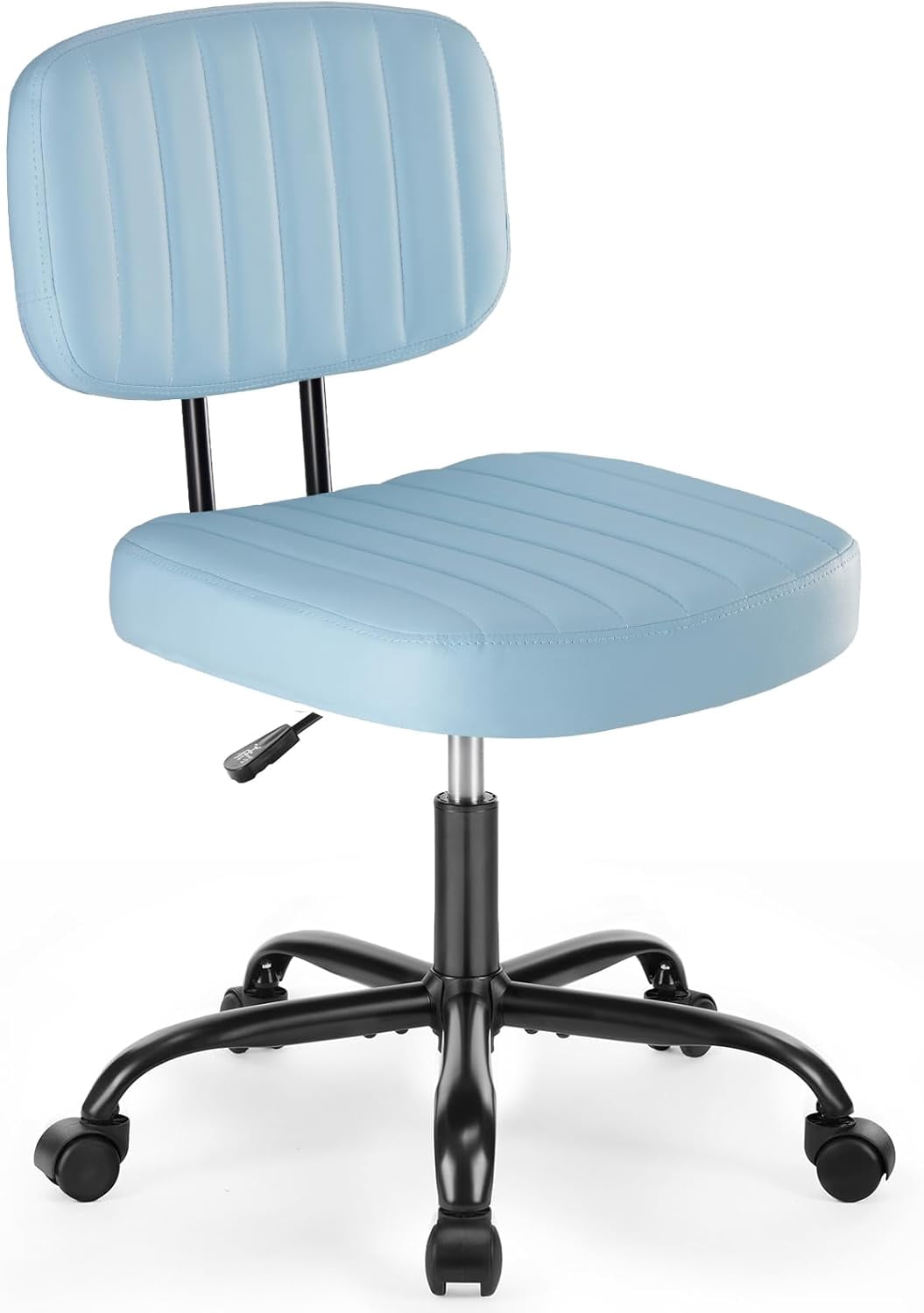 Armless Office Desk Chair with Wheels, Adjustable Height 360° Rolling Swivel Lumbar Support Low-Back Computer Chair, PU Leather, Blue