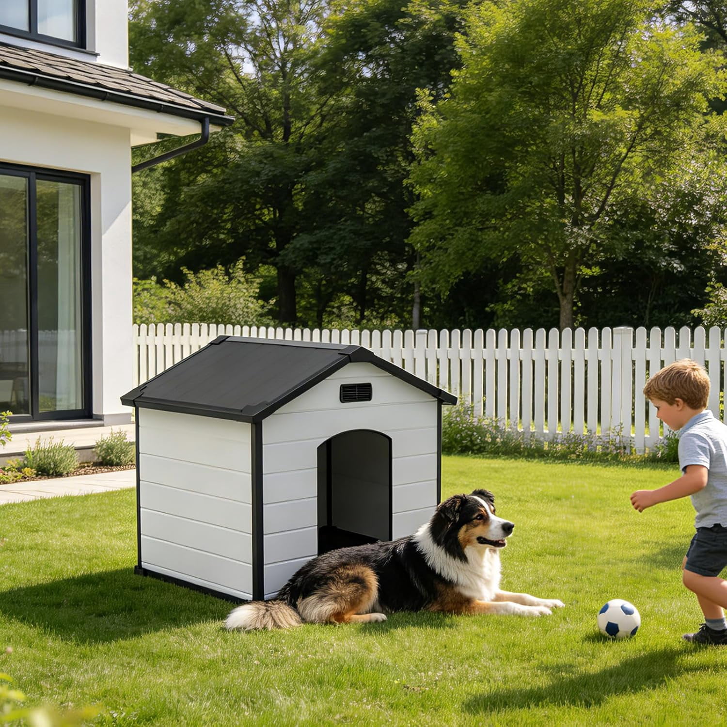 QinaQin Large Dog House,Waterproof Resin Plastic Doghouse with Elevated Floor & Air Vents for for Outdoor & Indoor Use,Durable & Easy Assembly,Black