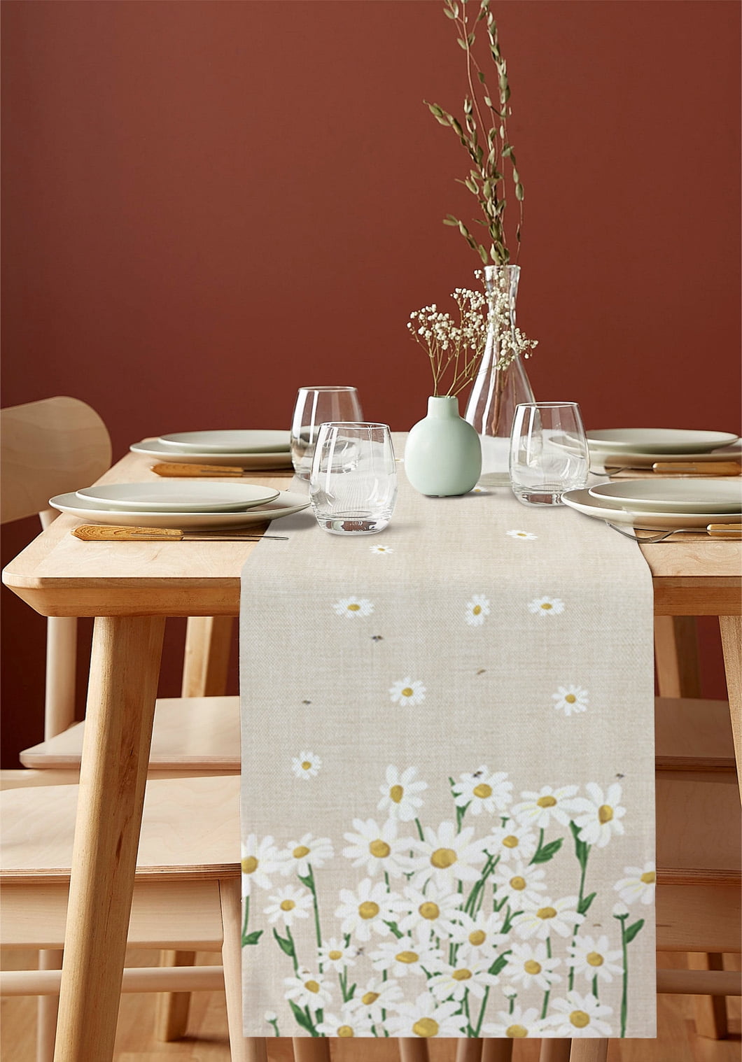 Ldtrchee Spring Floral Daisy Table Runner 48 Inches, Flower Burlap Texture Bed Runner Dresser Scarves Tabletop for Indoor Outdoor Parties/Ceremony/Banquet, 13" x 48"