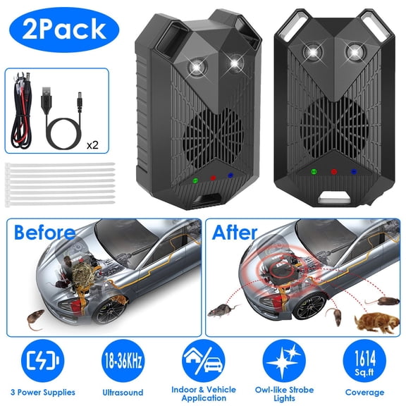 Moclever 2Pcs Under Hood Ultrasonic Rodent Control Car Rodent Chaser for Vehicle Indoor, Black