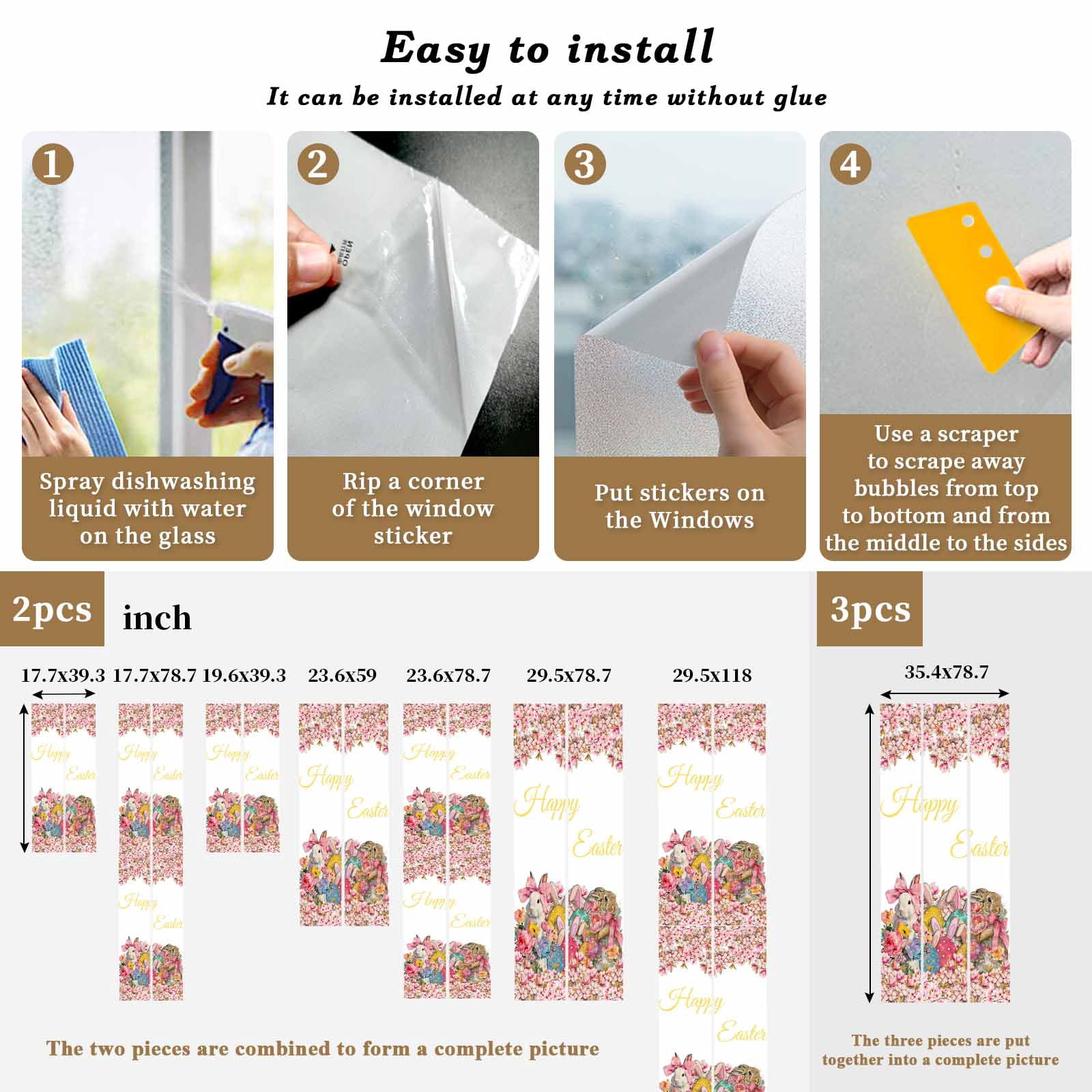 Happy Easter Window Privacy Film, Spring Bowknot Rabbits Flowers Eggs Frosted Glass Window Clings Static Cling UV Heat Blocking Reusable Door Sticker for Bathroom 35.4 x 78.7 Inch