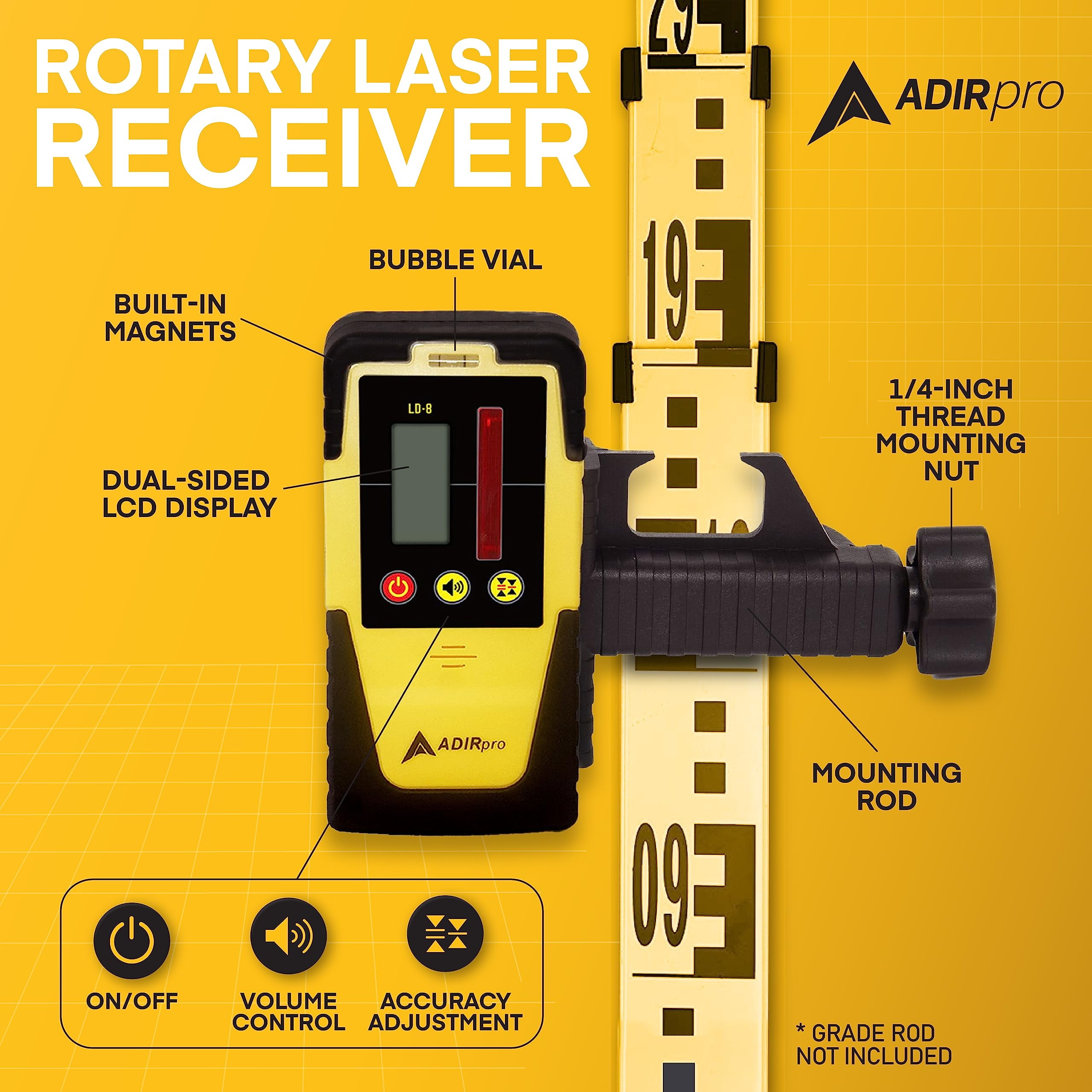 AdirPro Universal Rotary Laser Detector (LD-8) - Digital Rotary Laser Receiver with Dual Display and Built-In Bubble Level, Compatible with All Red Rotary Lasers - Includes Rod Clamp