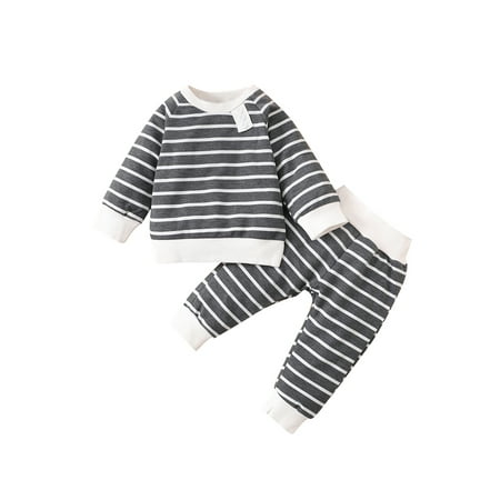 

Lieserram 3M 6M 9M 12M 18M 24M Baby Boy Girl Fall Clothes Long Sleeve Button Front Striped Print Pullover Tops + Pants Set