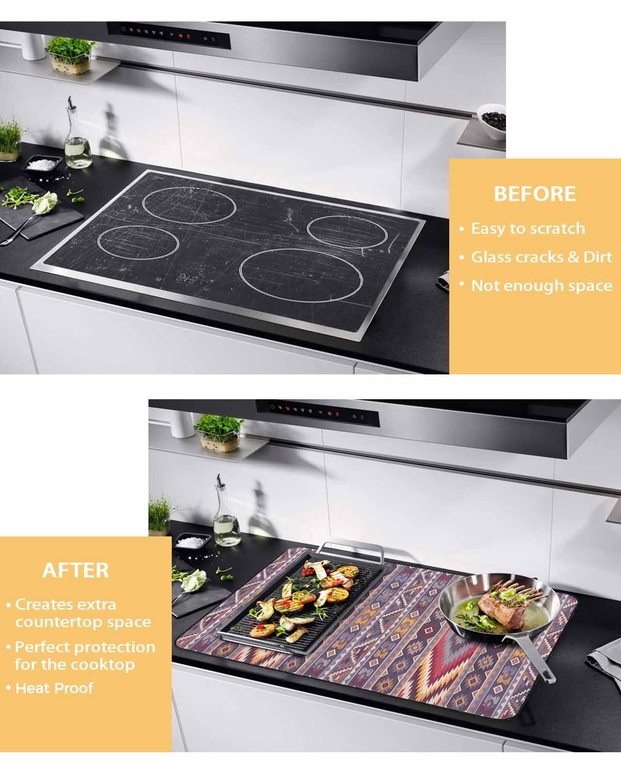nqOlkjepod Large Induction Cooktop Protector Mat 24"x21", Southwest Aztec Stove Top Covers for Electric Stove, Country Retro Ethnic Geometric Motifs Stove Burner Cover Mats, Glass Top Stove Cover