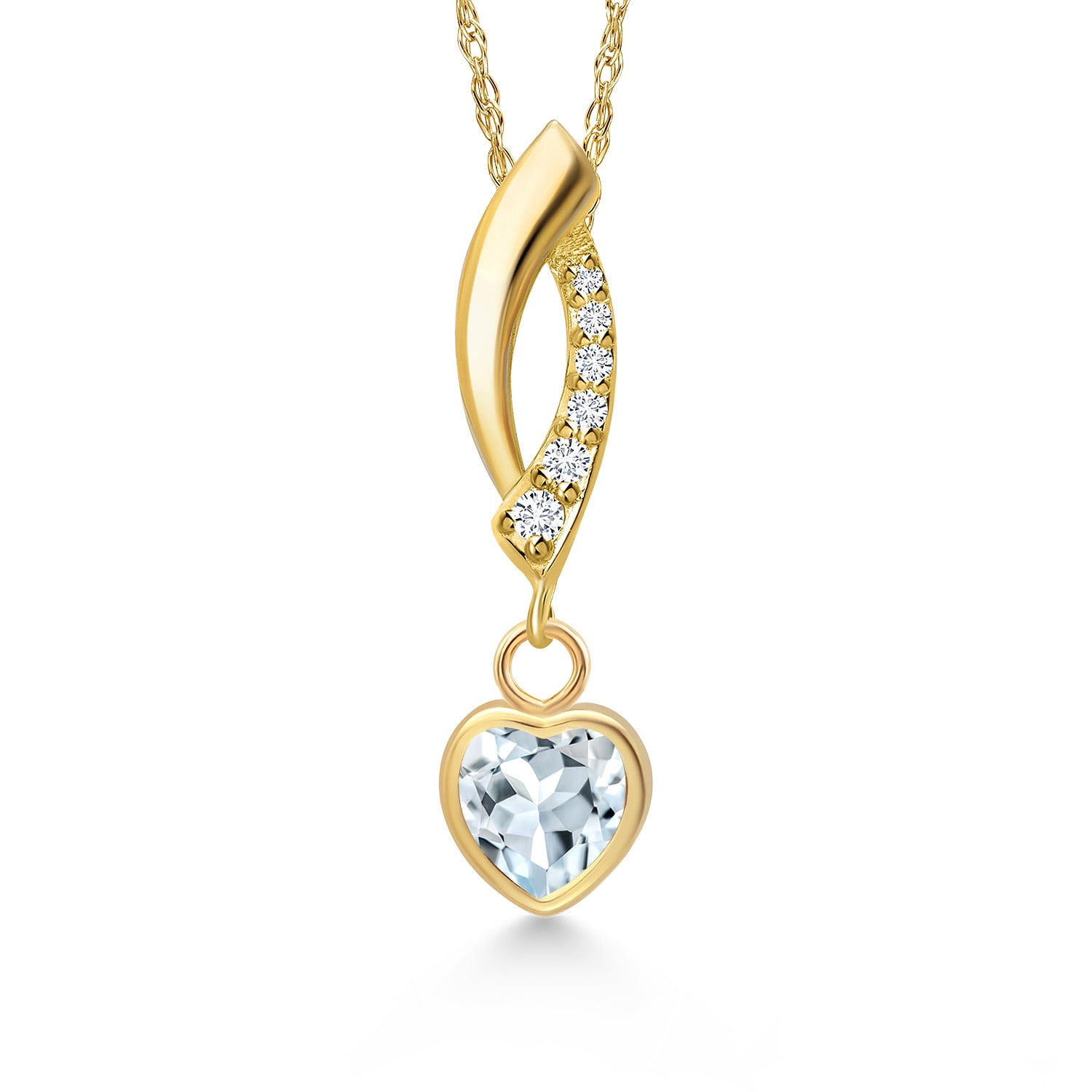 Gem Stone King 14K Yellow Gold Sky Blue Aquamarine and Lab Grown Diamond Pendant Necklace for Women | 0.45 Cttw | Gemstone March Birthstone | Heart Shape 5MM | With 18 inch Chain