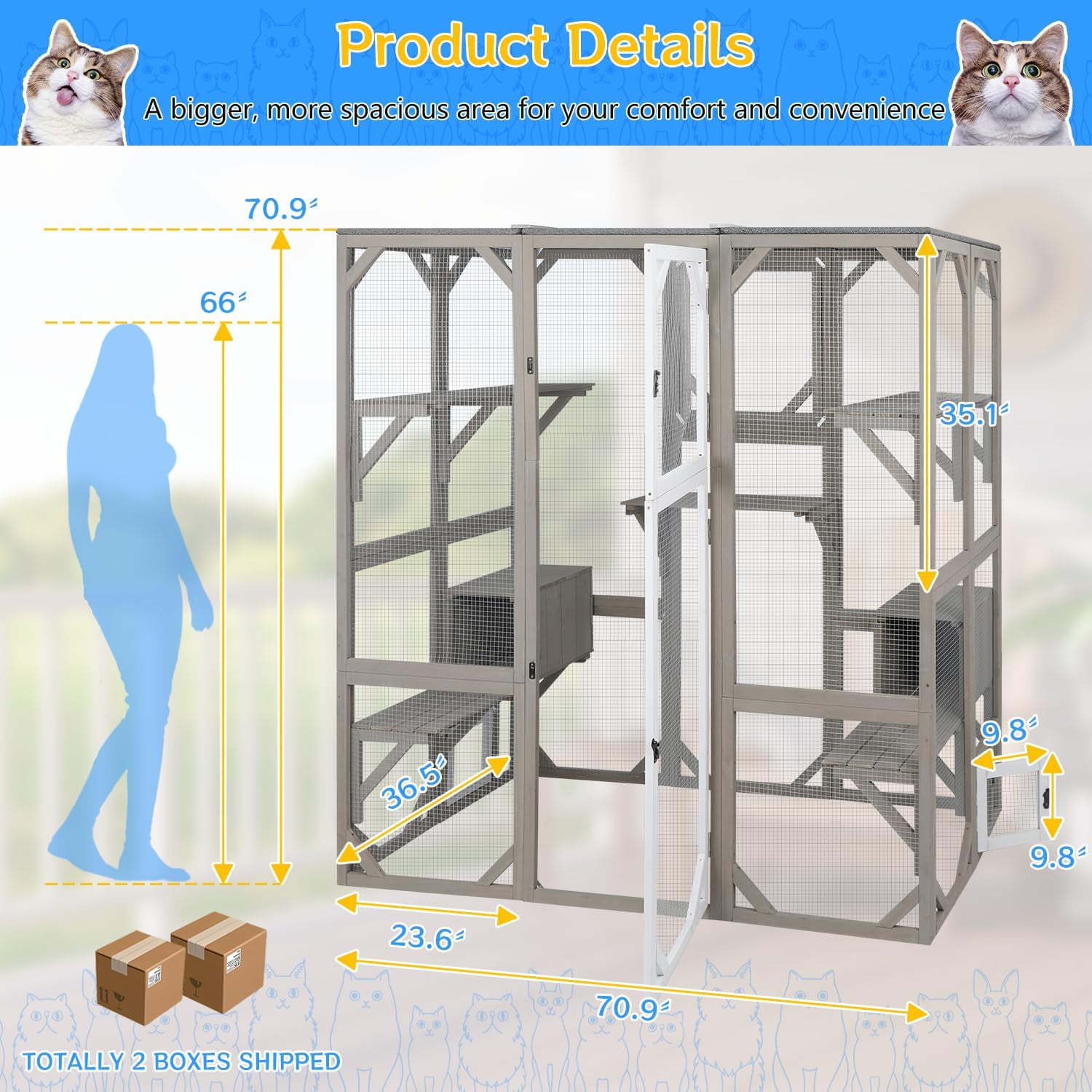 PETSCOSSET 71" Catio Outdoor Cat Enclosure Large Wooden Cat House with 5 Platforms for Multiple Cats