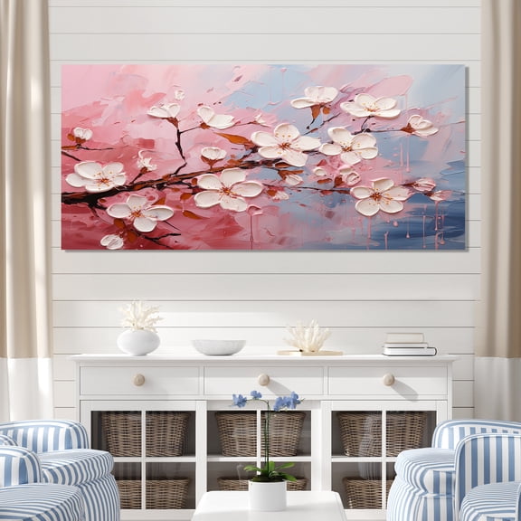 Designart "Cherry Tree Bloom in White and Pink III" Oversized Floral Wall Art - Traditional Pink Cherry Bedroom Canvas Wall Art