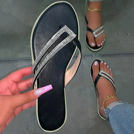 

MRULIC slippers for women Flats Slippers Open Toe Shoes Beach Women s Flip Flops Rhinestone Summer Casual womens slippers house slippers for women Black + US:9.5-10