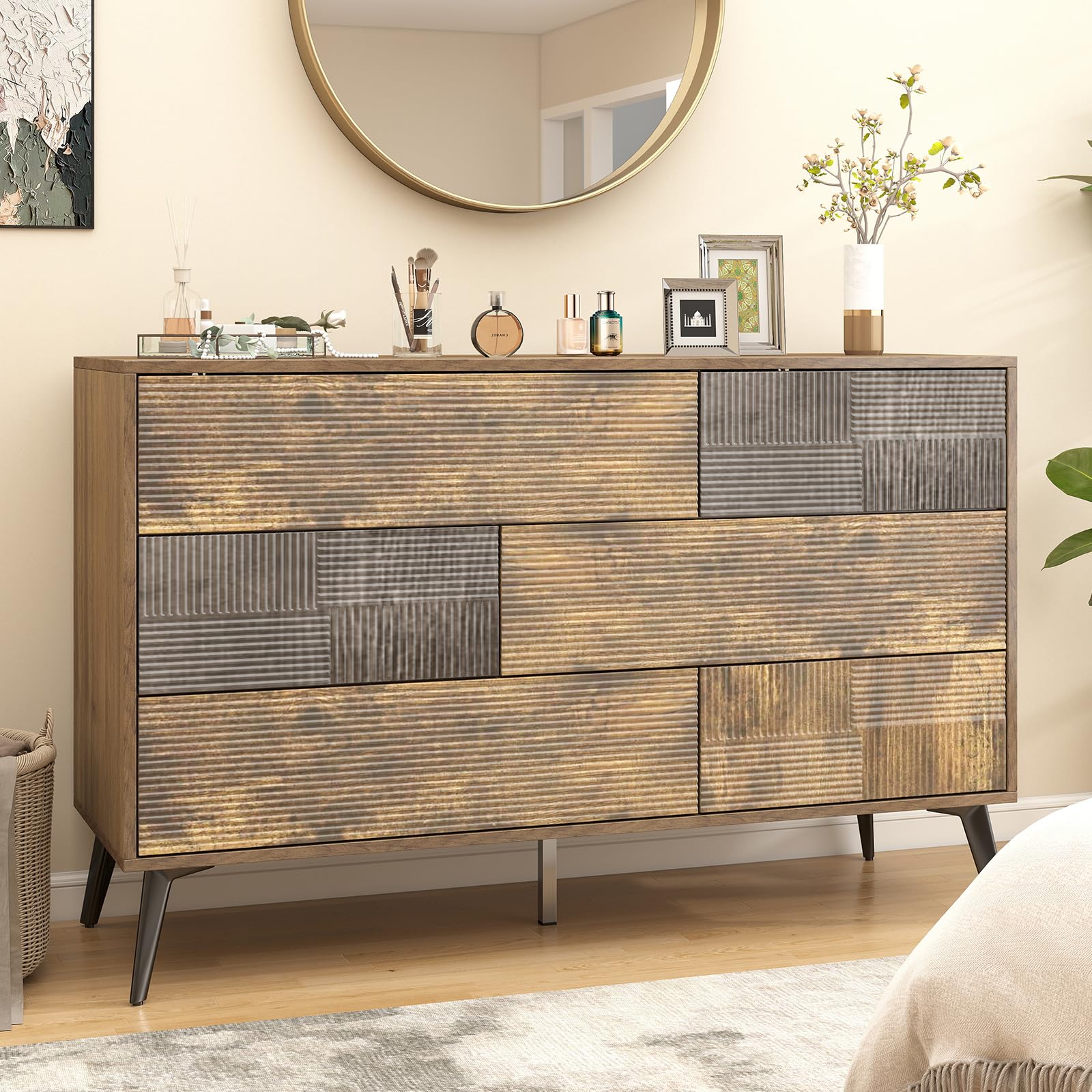 Danpinera Home 6-Drawer Fluted Dresser, 47” Wide Handleless Chest with Wood Finish, Rustic Brown Modern Storage Cabinet for Bedroom or Hallway