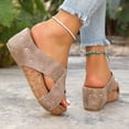 thumbnail image 3 of Womens Platform Sandals Comfy Cork Footbed Casual Strappy Platform Slip on Slides Nonslip Chunky Sole Summer Slippers Beige Size 8, 3 of 7