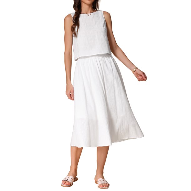 Conjunto de falda de 2 piezas para mujer INSPIRE CHIC, sin mangas, top corto, falda midi de cintura alta, atuendos casuales de verano, beige, M