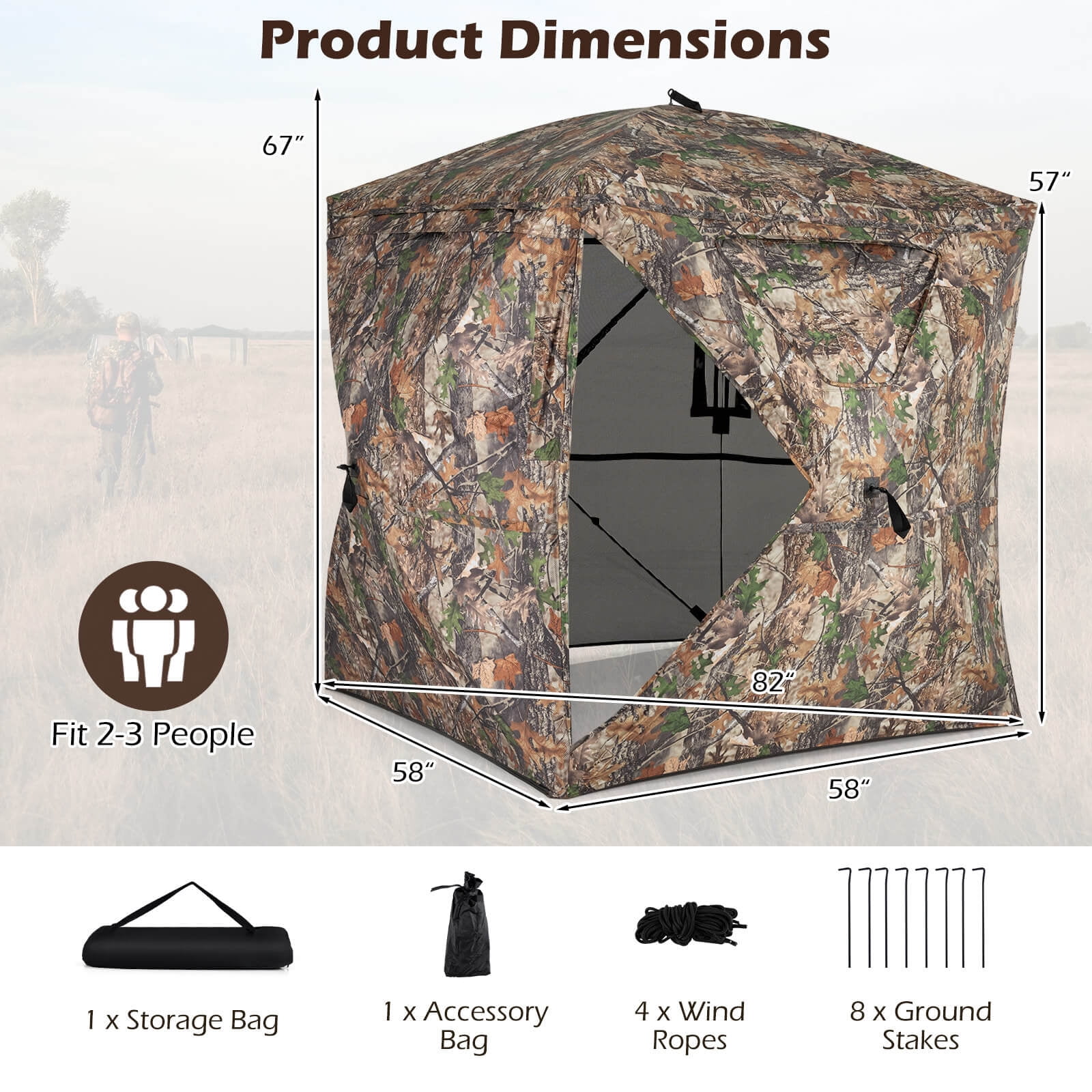 Costway 270° See Through Hunting Blind Tent, 2-3 Person Pop-Up Ground Blind with Windows