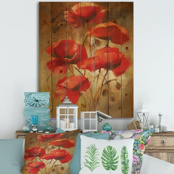 Designart 'Red Blossoming Poppies Over Wild Brown I' Traditional Print on Natural Pine Wood