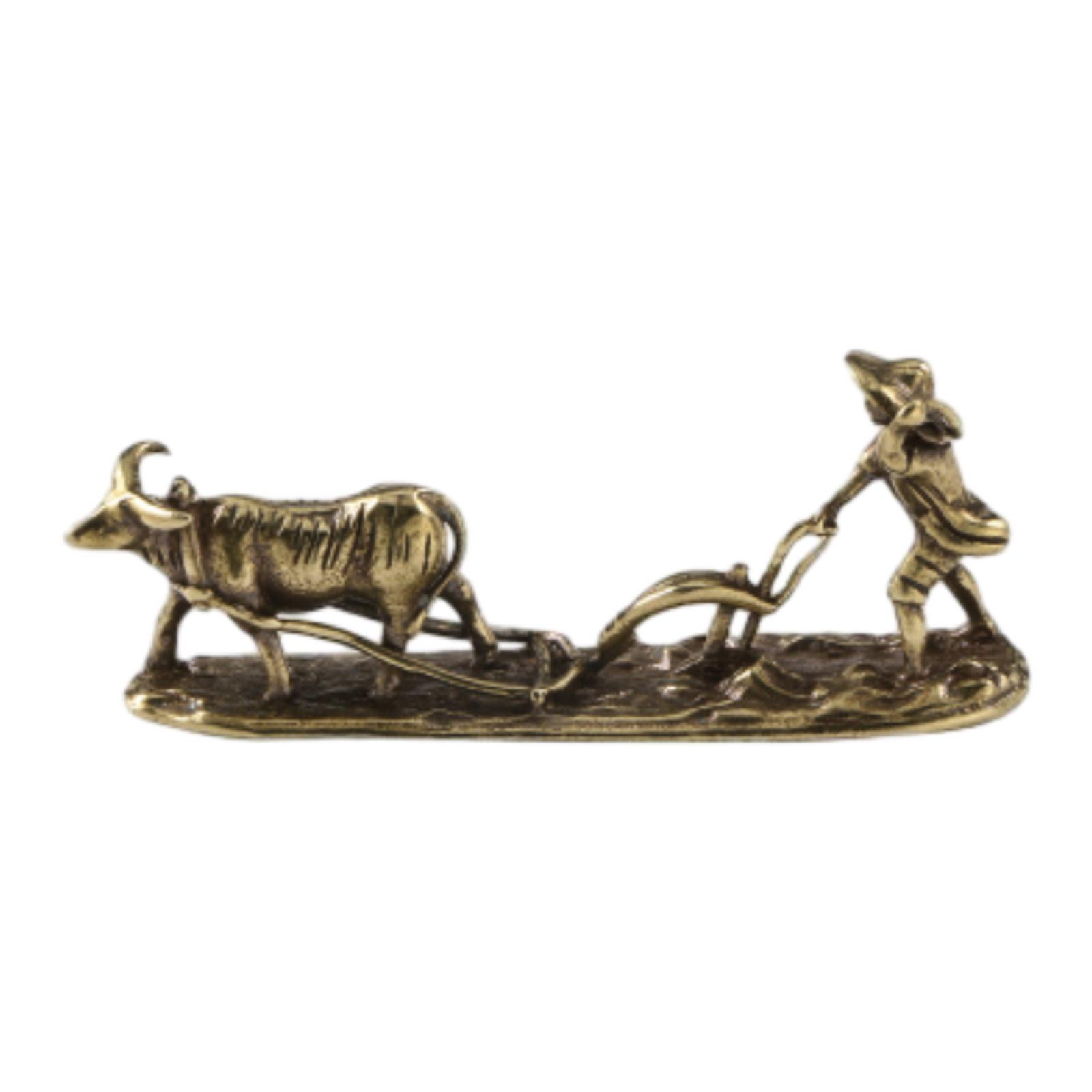 Esquirla Miniature Cow Sculpture Brass Cow Plow Figurine Adorable Mini Cow Figurine Brass Desktop Sculpture for Desk Home Shelf Office