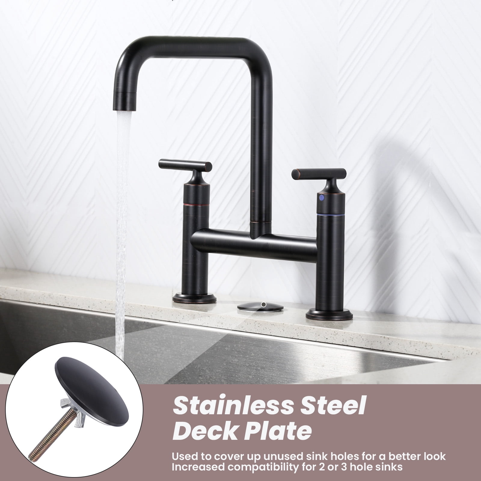 WOWOW Double Handle Bridge Faucet with Kitchen Sink Hole Cover