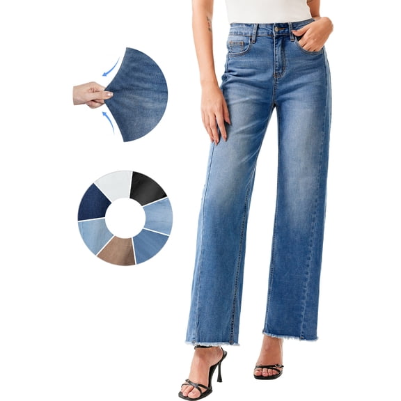 DOKOTOO Women's Wide Leg Jeans High Waisted Loose Fit Strechy Comfort Raw Hem Frayed Denim Pants