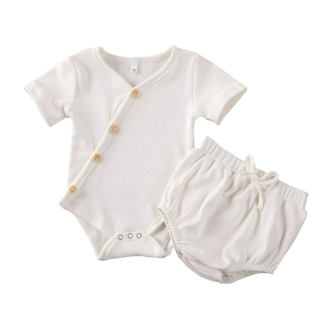 Nituyy Bébé Fille Couleur Unie Combinaison à Manches Courtes + Short Triangle Cordon
