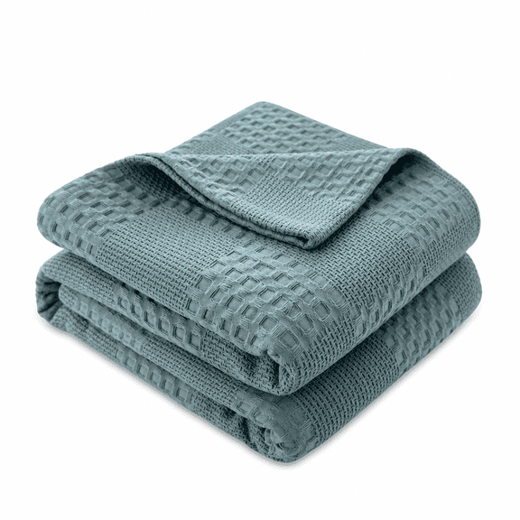 BARKVIA Bedding Pure Cotton Blanket Lightweight Warm Blanket,100% Cotton Bed Blanket,Breathable Bed Blanket Queen Size,Waffle Weave Blankets for All Seasons,Blue 100X150Cm