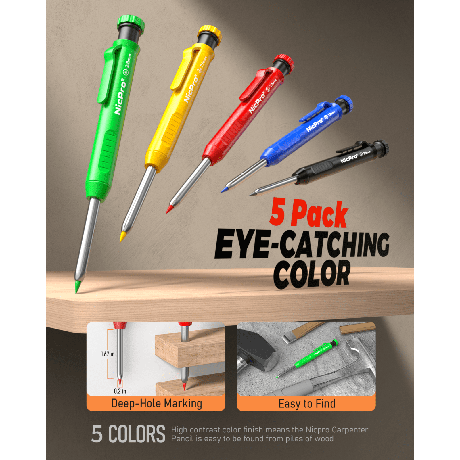 Nicpro 27 Pack Carpenter Pencils for Woodworking, Construction Mechanical Pencil with 100 Refill, Automatic Center Punch and Carbide Scribe Carpenter Tool, Construction Pencil