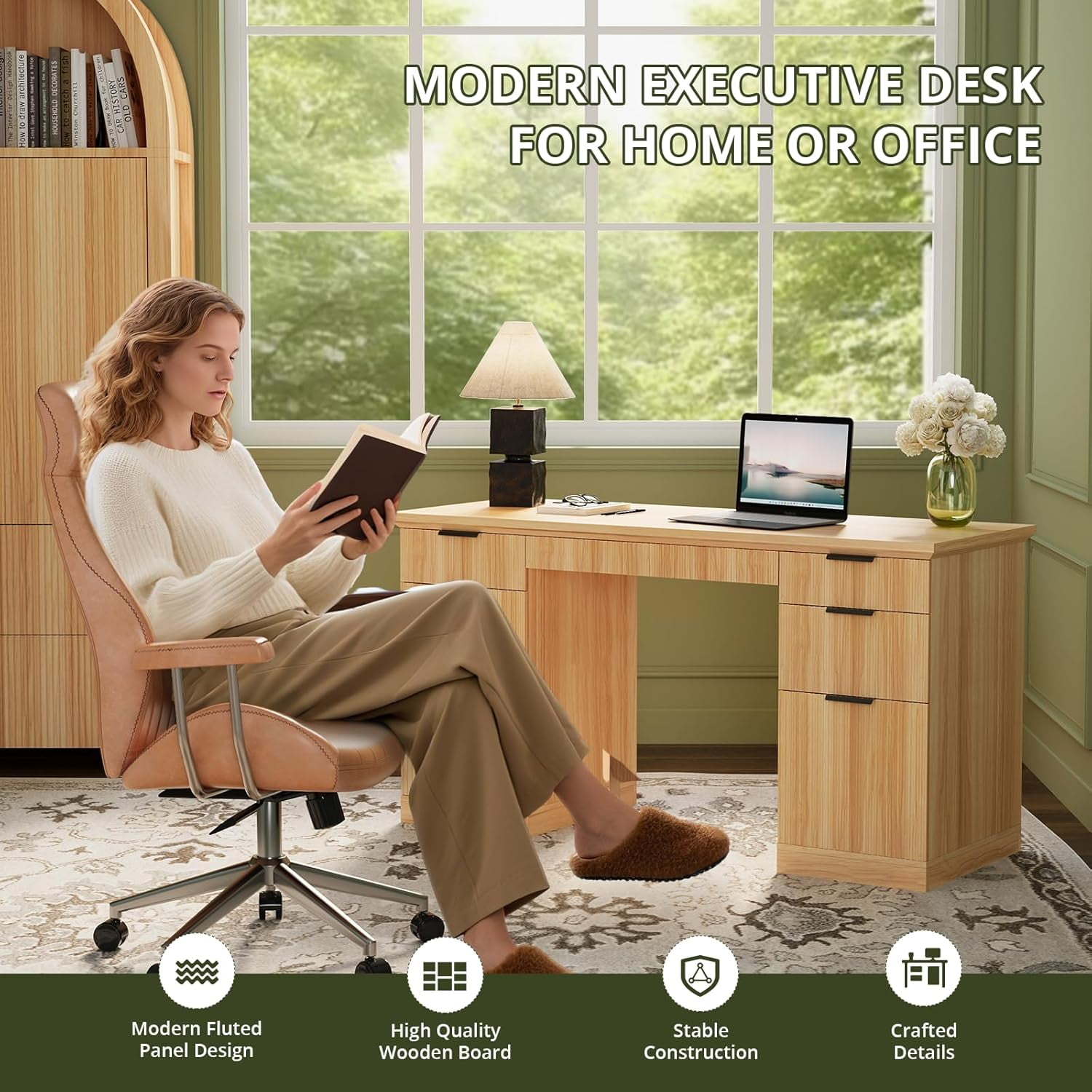 SELOOYE 58" Fluted Modern Desk with Storage, Home Office Desk with 1 File Cabinet & 5 Drawers, Wood Executive Computer Writing Desk for Study, Living Room, Bedroom, Natural Oak