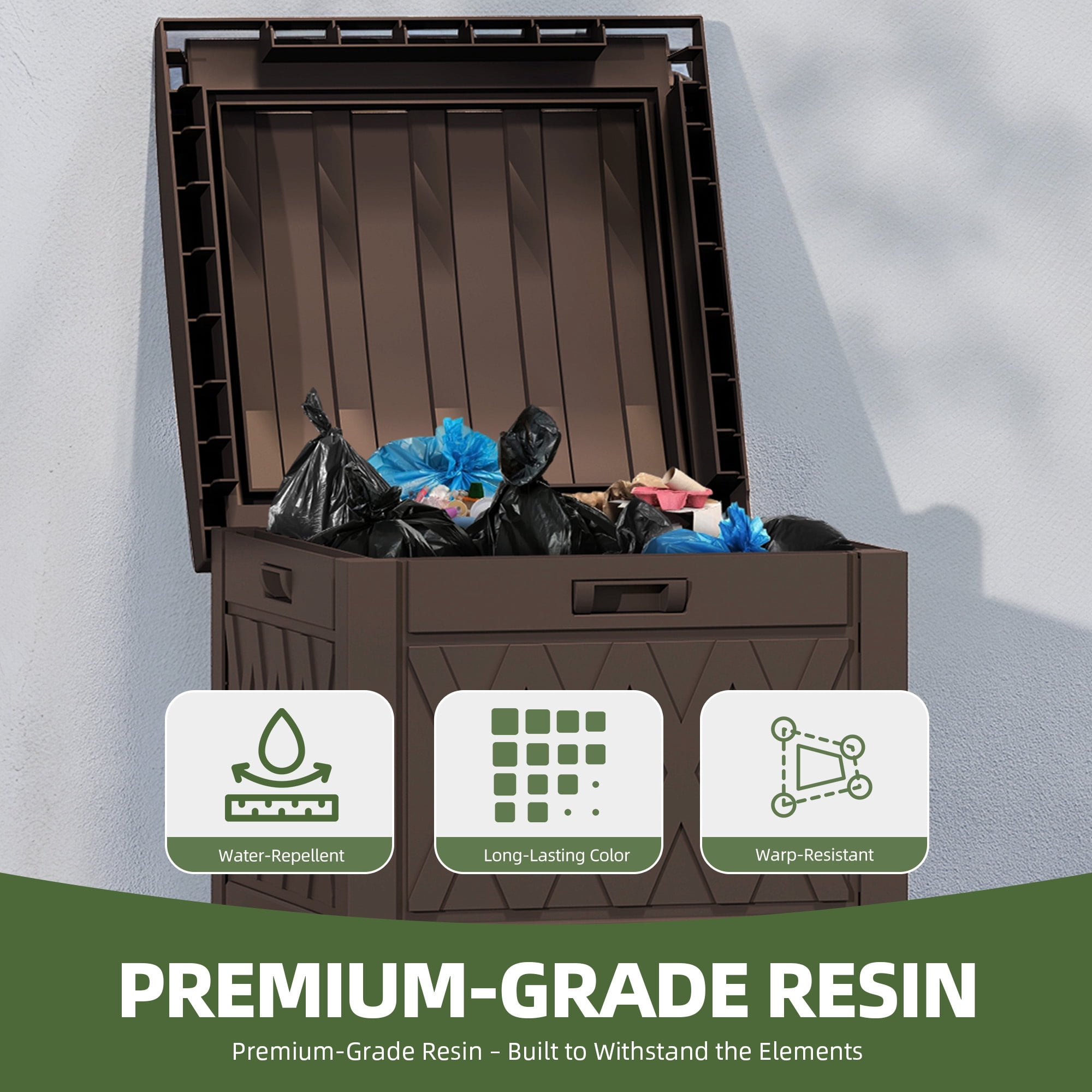 Uforic 33 Gallon Outdoor Trash Can, Layered Lid with Drip Tray, Waterproof Garbage Bin for Patio, Deck, Backyard, Dark Brown