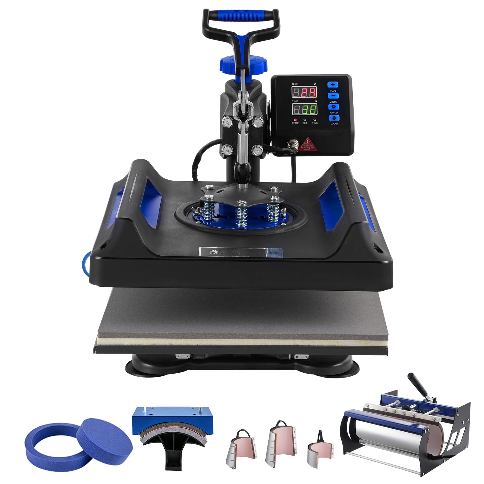 KFFKFF Heat Press, 15x15 inch, 8-in-1 Transfer Kit with 30 oz Cup Press, 360° Rotating Digital T-Shirt Printer, Teflon Finish, for Apparel/Mugs/Caps/Dishes, Black & Blue