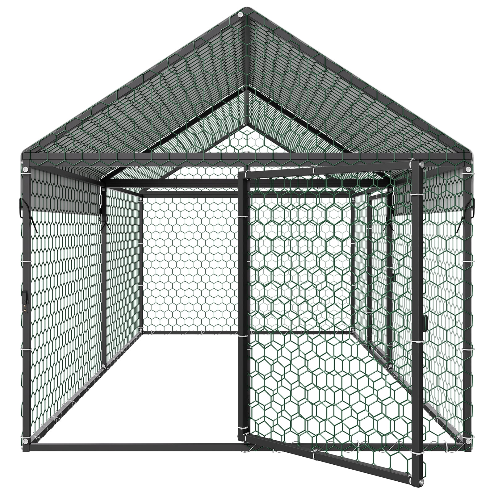 Metal Chicken Coop for 4-6 Chickens, 3.3 x 6.6 x 3.3ft, Small Chicken Cage with Waterproof Cover & Double Doors, Spire Roof Poultry Run Compatible with Wooden Coops, for Rabbit Hen Goose Duck