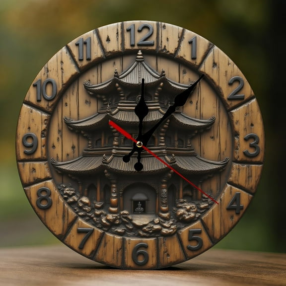 Wall Clock Decorative - Oriental Pagoda Scene Print 2D Vintage Wall Clocks Battery Operated Silent Non-Ticking for Bedroom, Living Room, Kitchen, Office, Classroom, 10 Inch