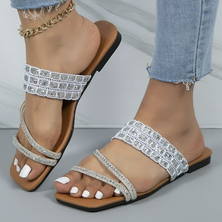 

XIAQUJ Women Sandals Fashion Rhinestone Decoration Shiny Square Toe Open Toe Comfortable Flat Bottom Non Slip Large Size Shoes Sandals for Women Silver 8.5(41)