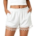 thumbnail image 3 of Gyujnb Women Beach Shorts Elastic Waist Tassel Lace Fringe Hem Casual Summer Shorts with Pockets,White, 3 of 6