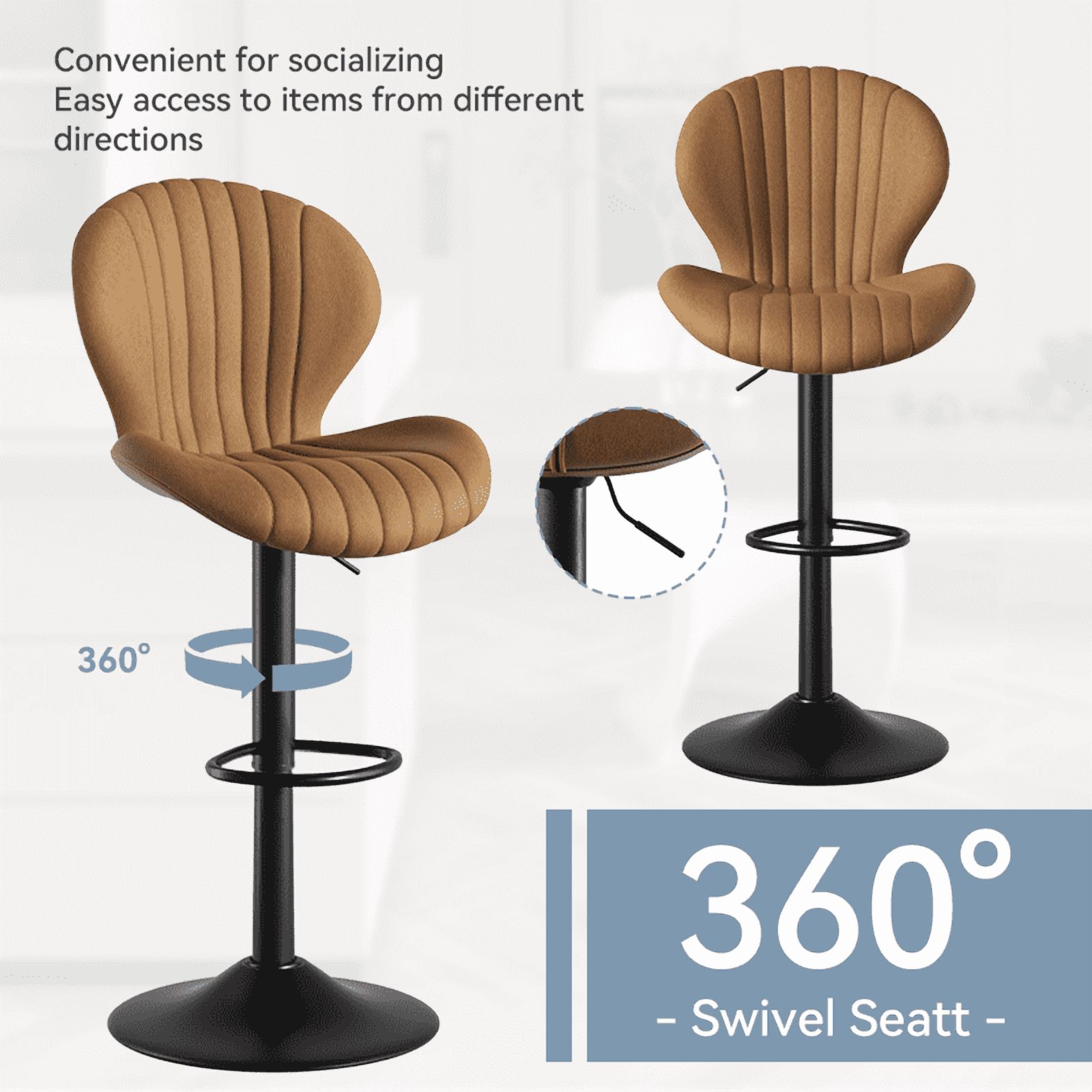 MOONMISS Modern Adjustable Bar Stool Faux Leather Bar Stool, Brown(Set of 2)