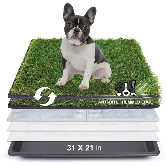 Dog Grass Pad with Tray Medium 31”×21” Dog Litter Box Toilet with 2×Artificial Grass for Dogs with Hemmed Edge, Pee Pads for Dogs, Realistic, Less Stink, Potty for Balcony